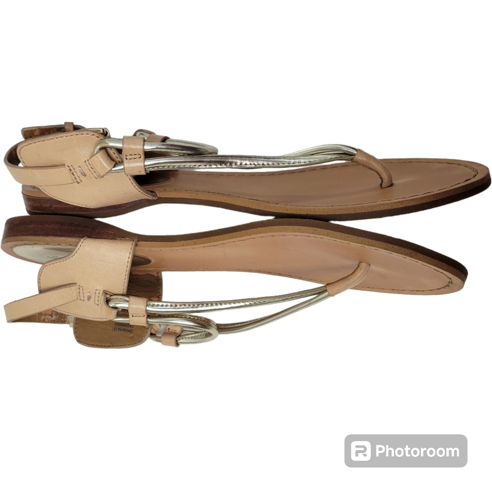 Coach Beige and Metallic Gold Leather T-Strap Sandals - Picture 7 of 16